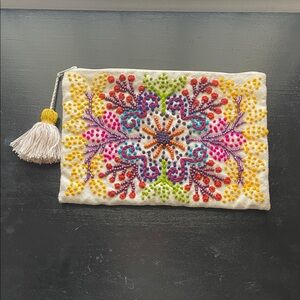 Shiraleah Cream Embroidered Multicolor Tassel Clutch